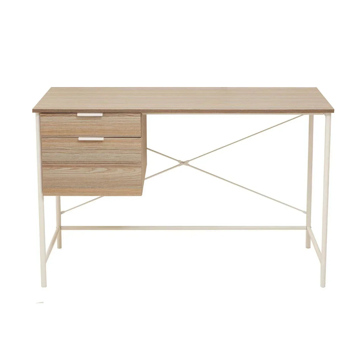 Wooden office desk with two drawers and white metal frame, straight front view