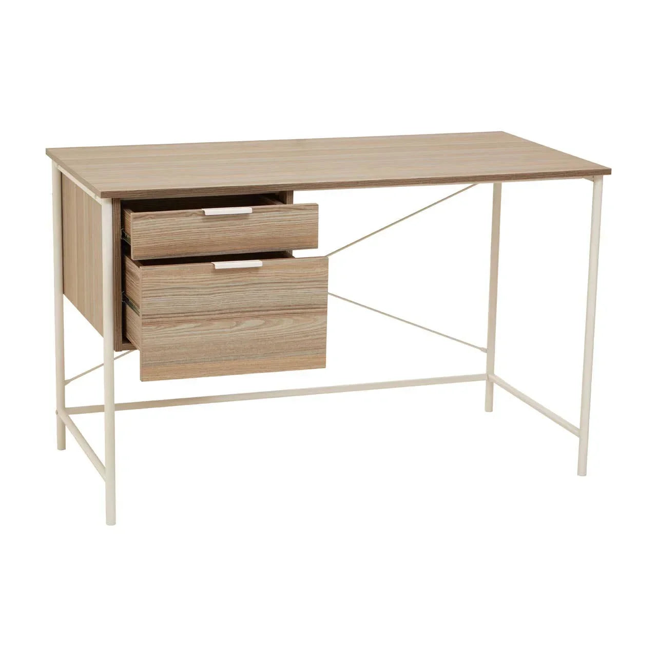 Modern wood desk with two open drawers and metal frame, ideal for home office workspace