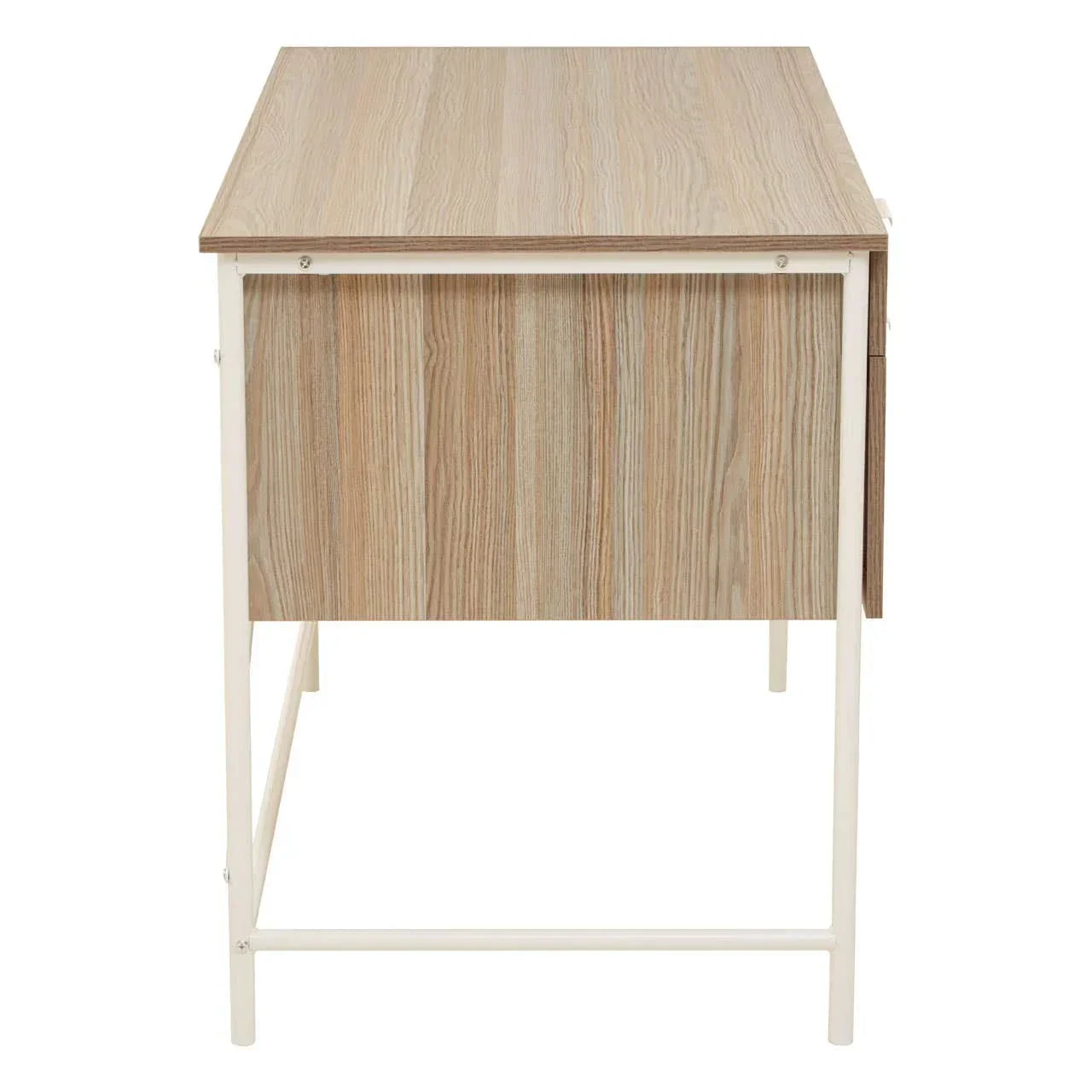 Side view of modern wood desk with white metal frame and light oak finish