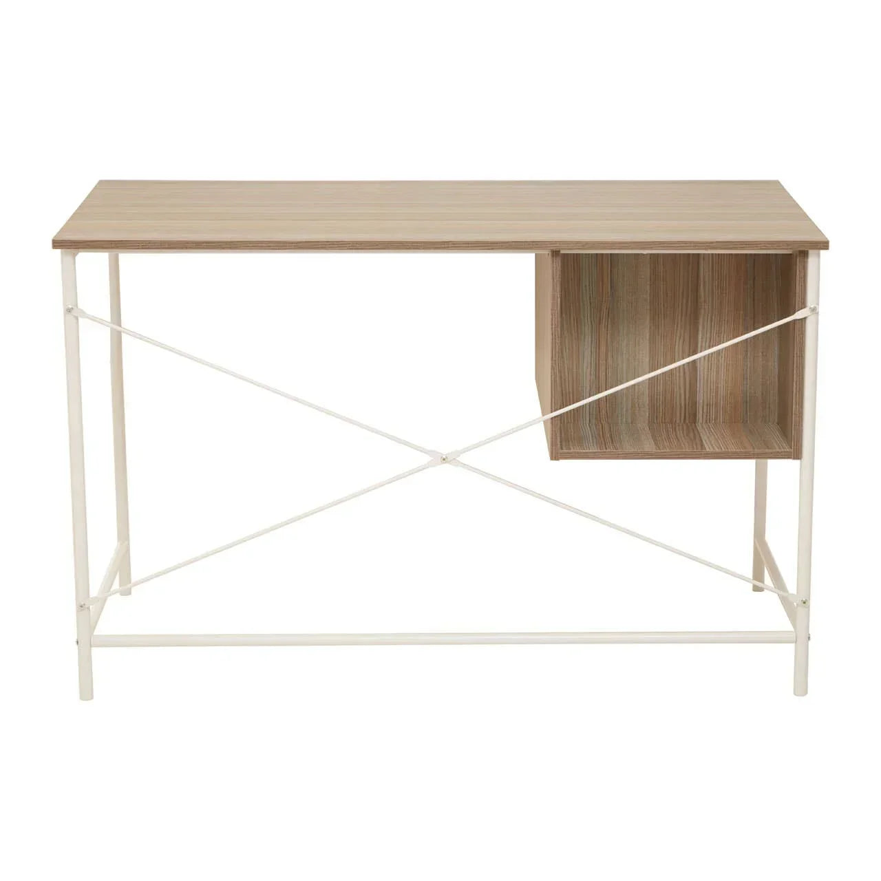 Light wood desk with white metal frame and open square storage compartment on right side