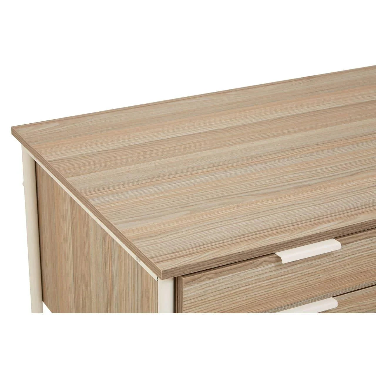 Oak effect chest of drawers with light wood grain finish and white handles close-up