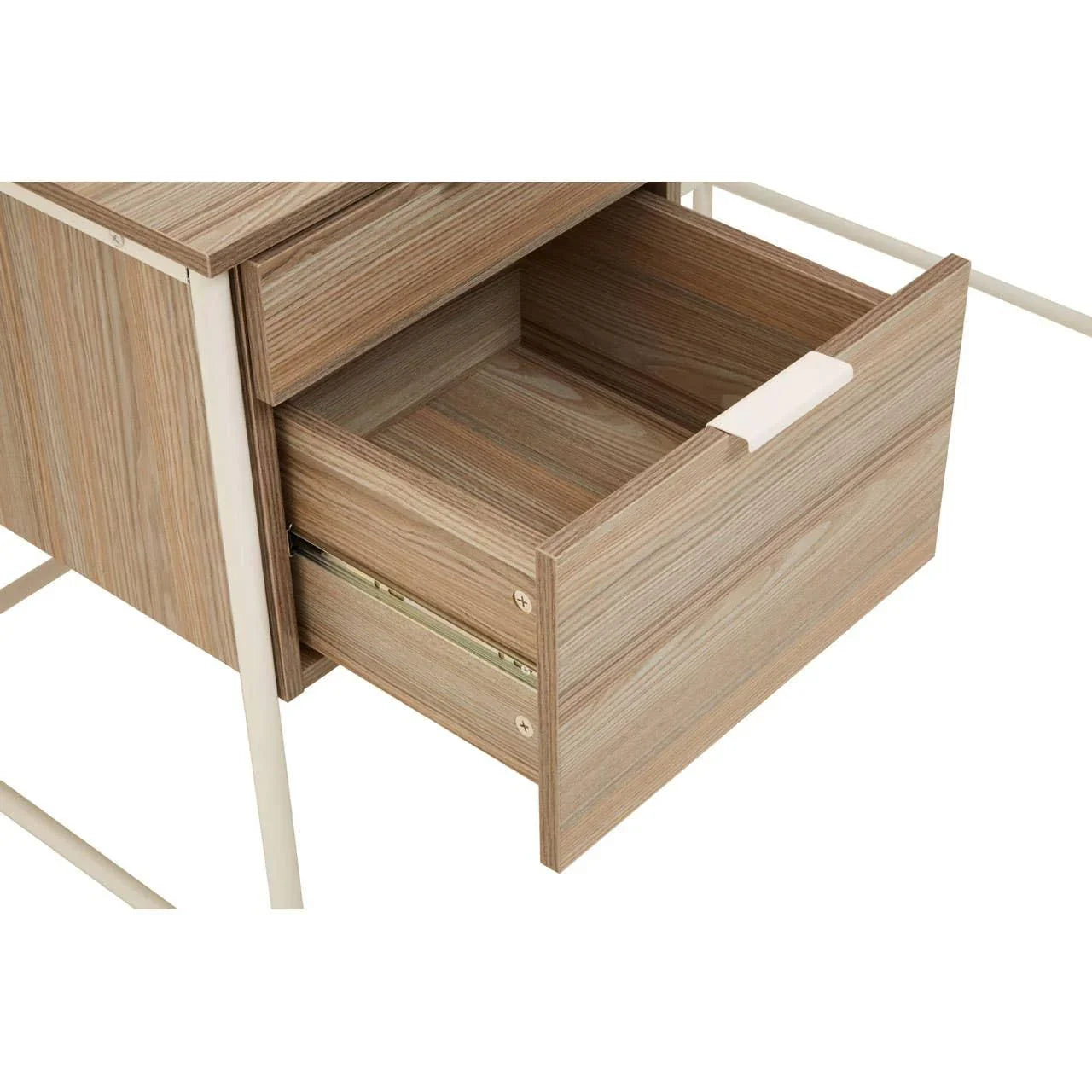 Modern wooden side table with open drawer and metal frame close-up