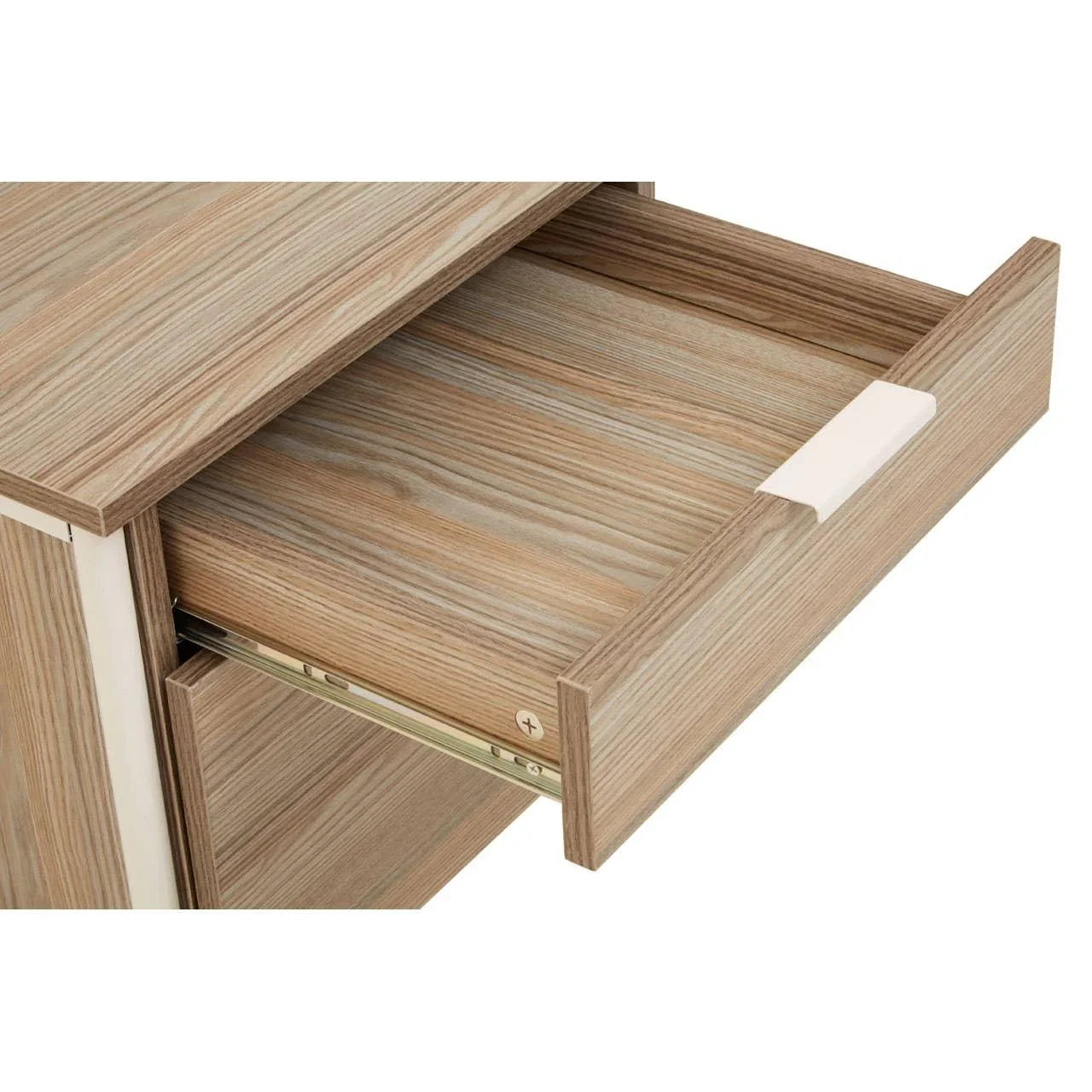 Light wood grain drawer unit with metal runner and white handle, close-up view