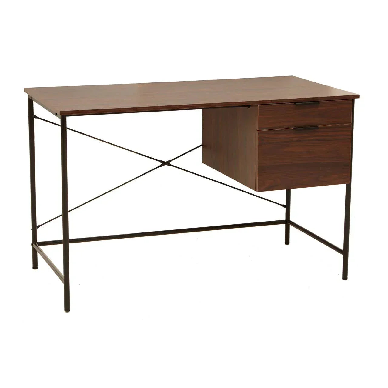 Walnut effect office desk with black metal frame and two storage drawers on right side