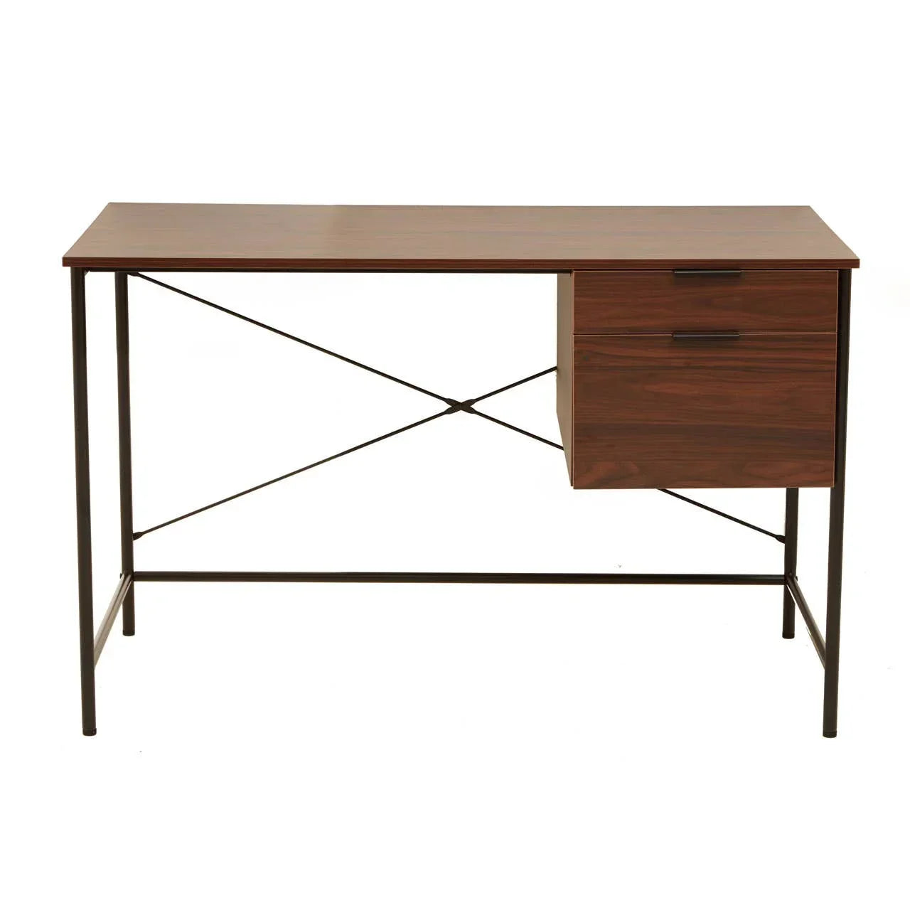 Modern wood desk with metal frame and two right-side drawers, front view