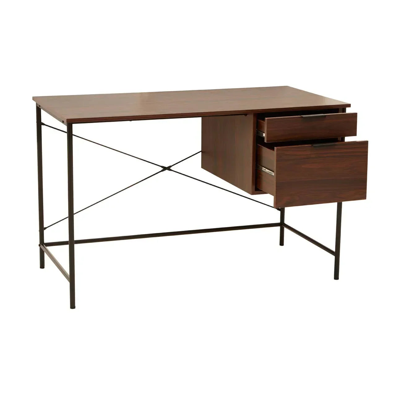 Walnut wood office desk with black metal frame and two open drawers