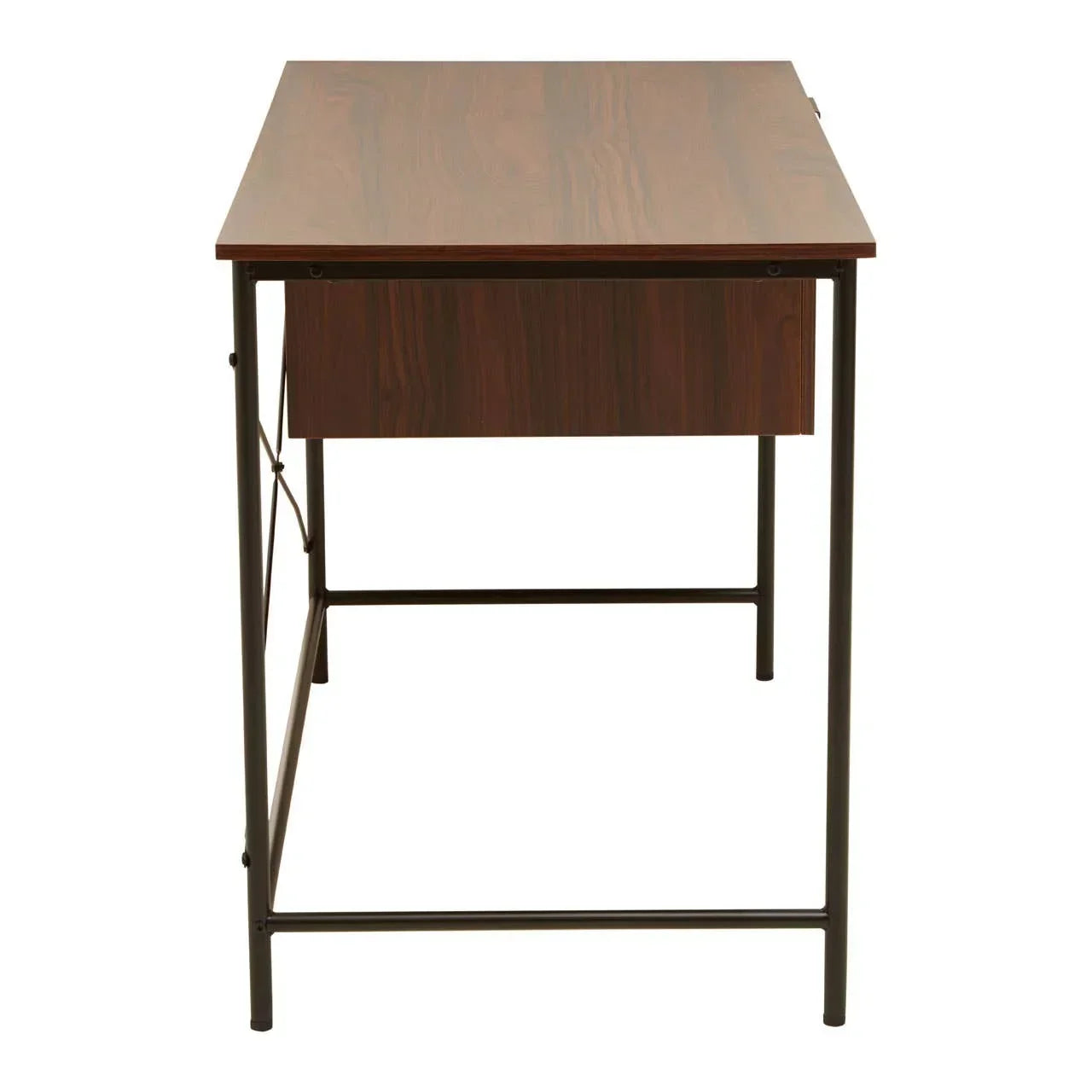Walnut finish writing desk with black metal frame shown from side angle