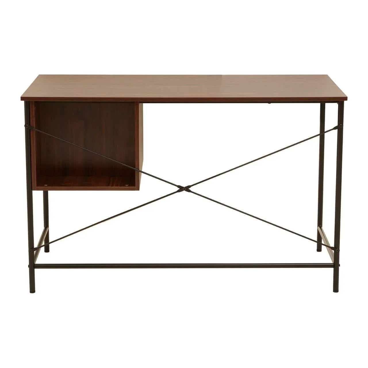Walnut desk with metal frame and left side open shelf, minimalist home office furniture