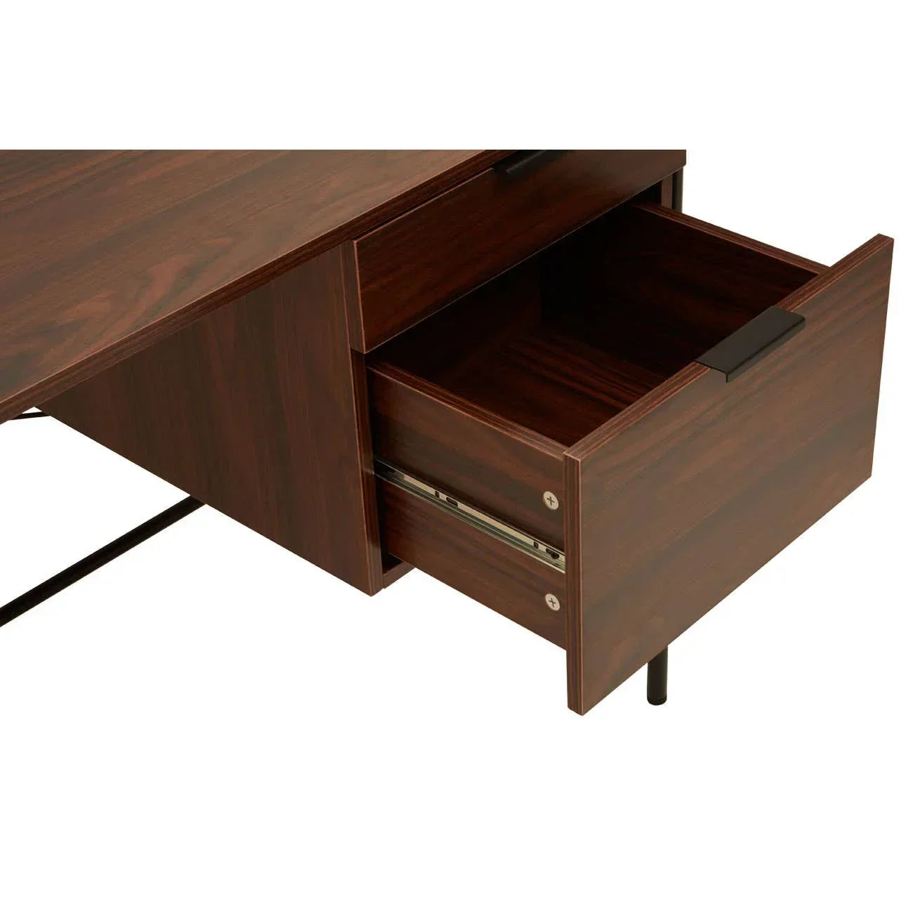 Walnut effect desk drawer with black metal handle and visible metal rail, open for storage