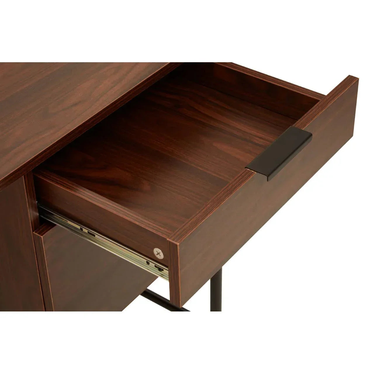 Walnut wood desk drawer with black metal handle and smooth glide rail