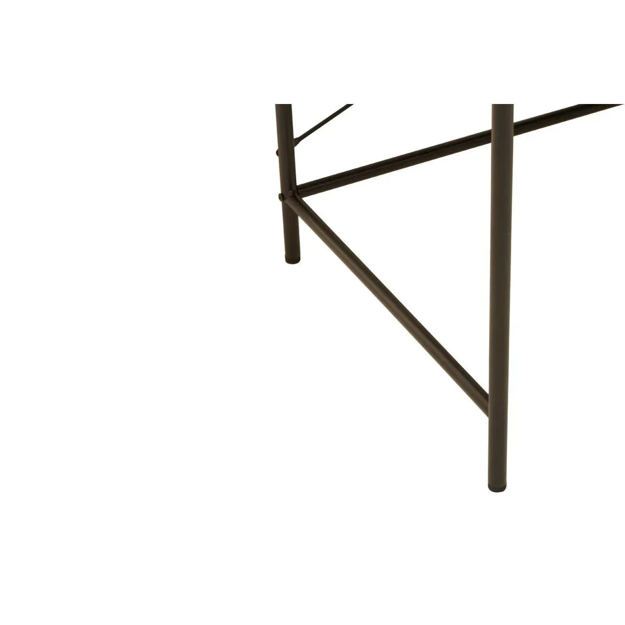 Closeup of metal dining table legs with crossbar support on white background