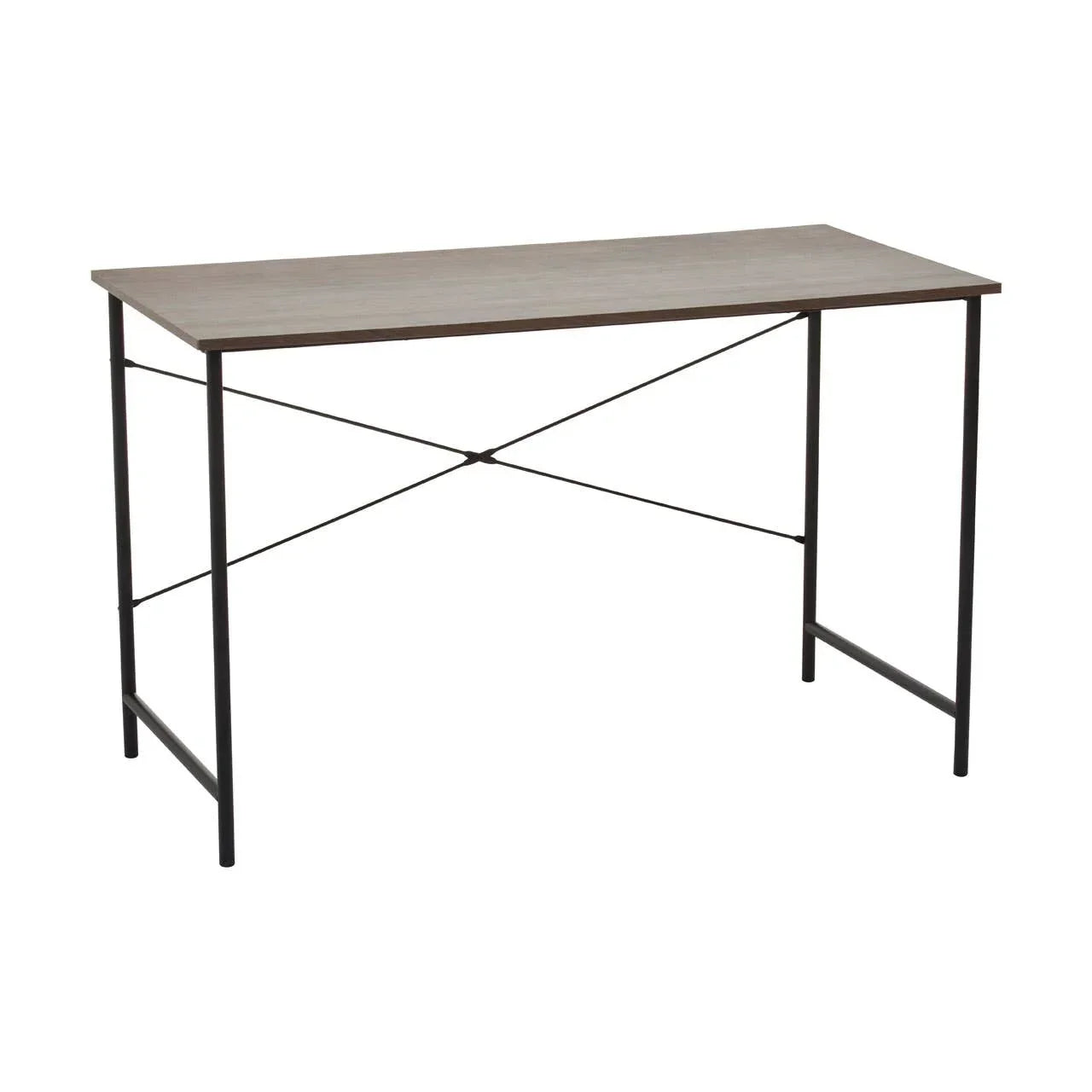 Rectangular wooden desk with black metal frame and crossbar support