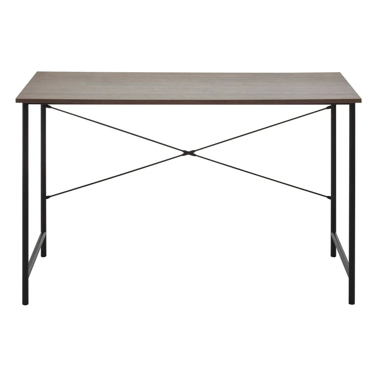 Rectangular desk with wood top and black metal frame, front angle view