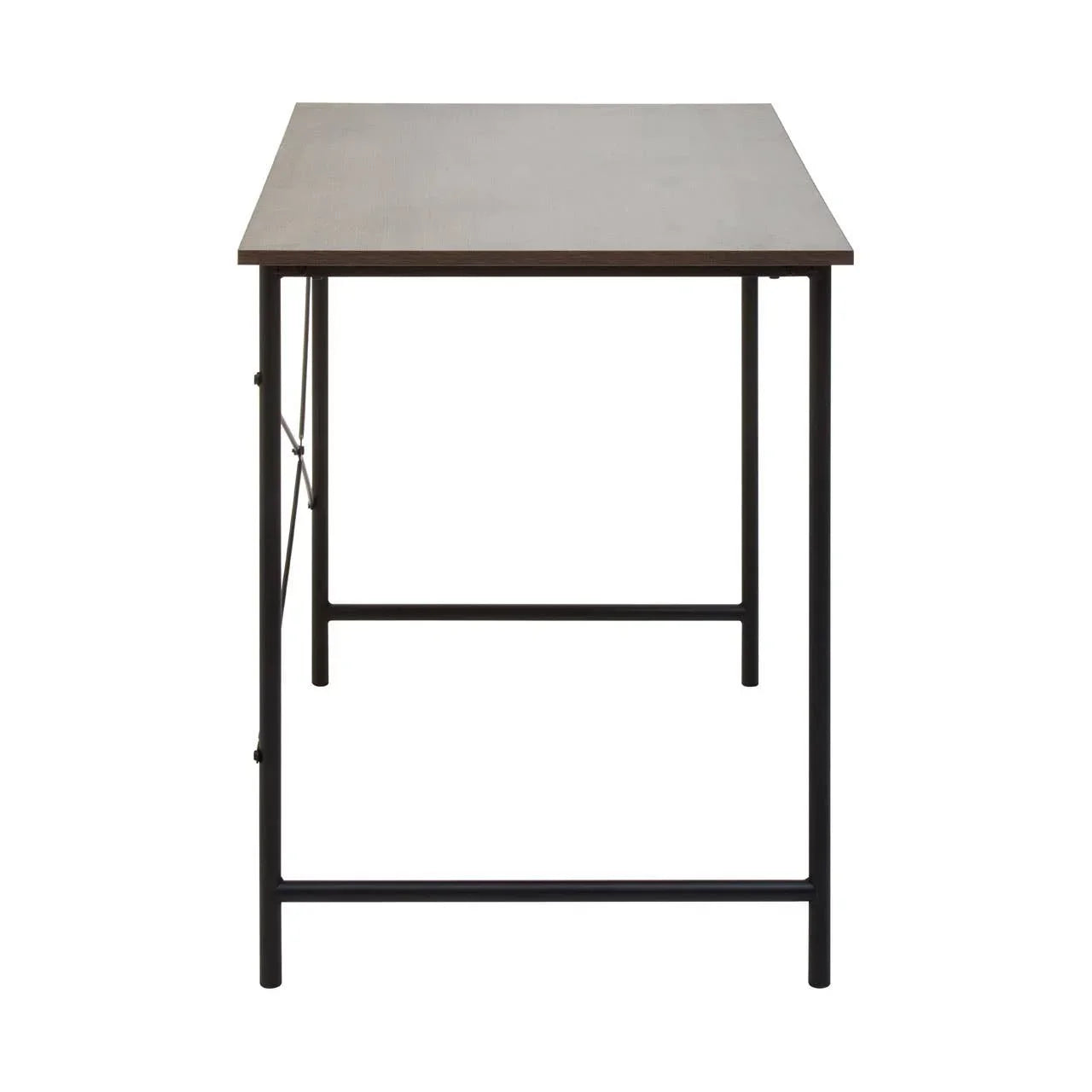 Rectangular wooden dining table with black metal frame, side profile view