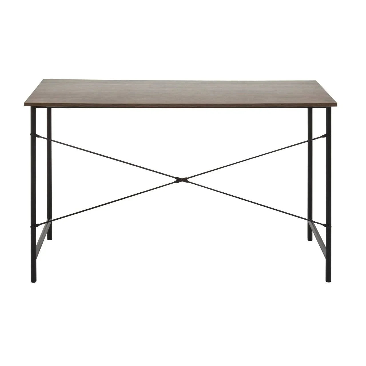 Modern desk with wooden top and black metal frame, cross brace supports visible