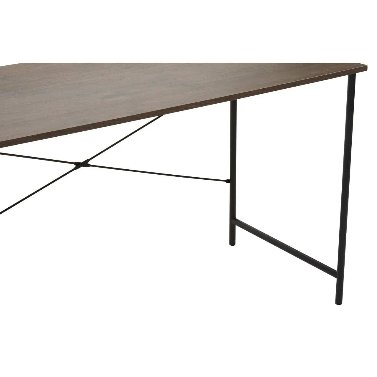 Modern dining table with dark wood top and black metal legs, angled side view