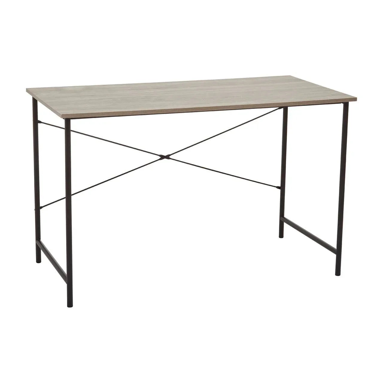 Rectangular wooden desk with light oak top and black metal frame, modern minimalist design