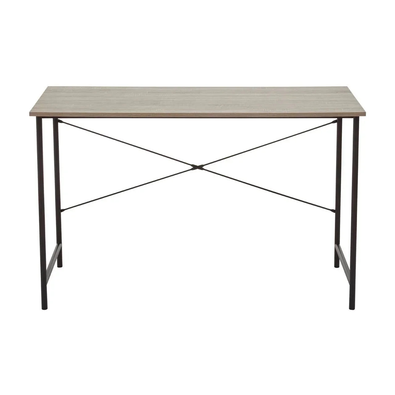 Rectangular wooden top desk with black metal legs and crossbar support