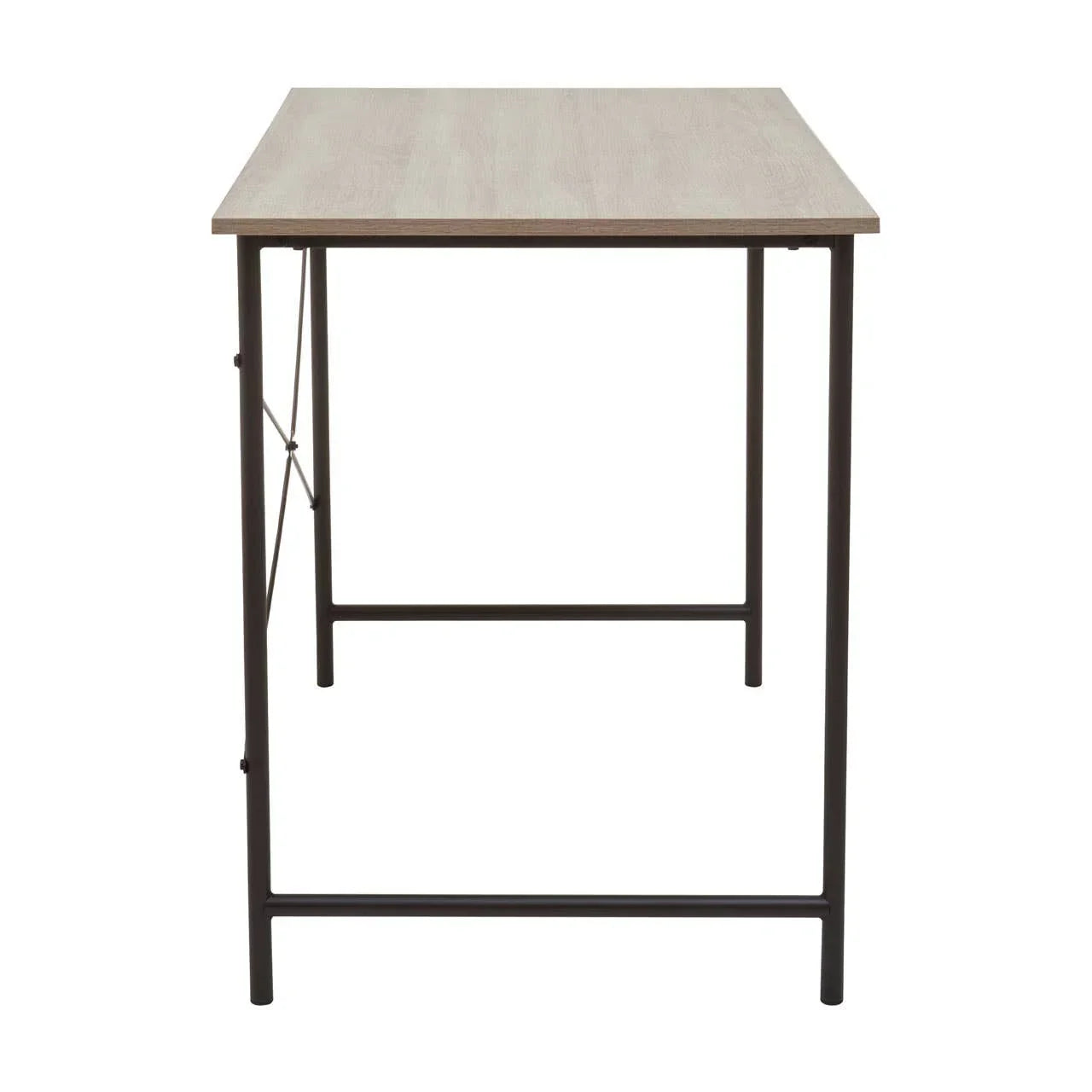 Modern dining table with light wood top and black metal frame, side view