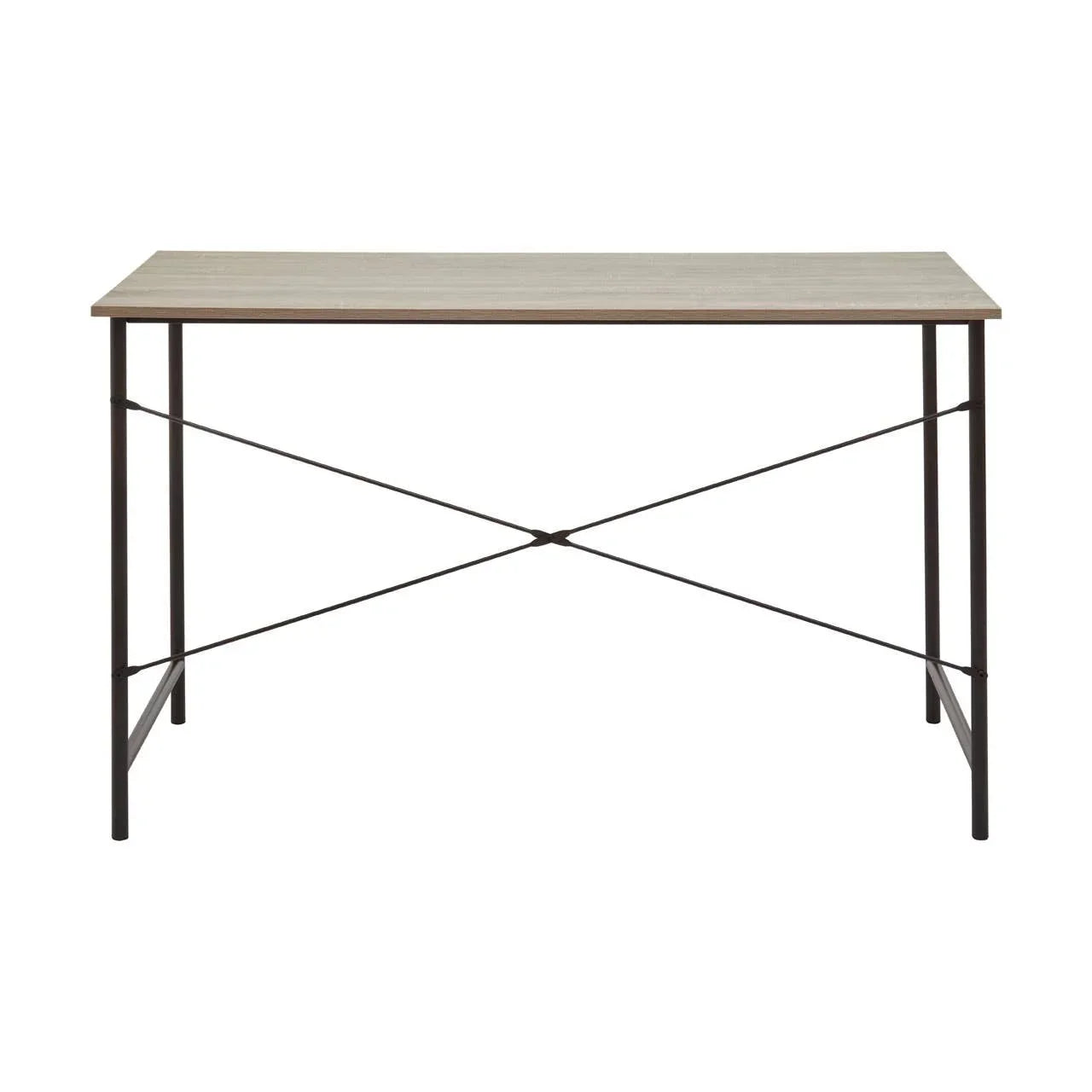 Rectangular wooden desk with black metal frame and crossbar support