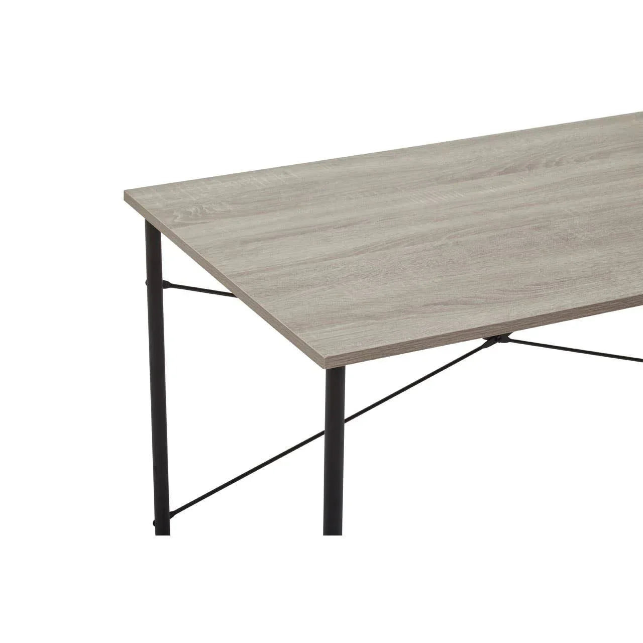 Light wood office desk corner with black metal legs and cross support