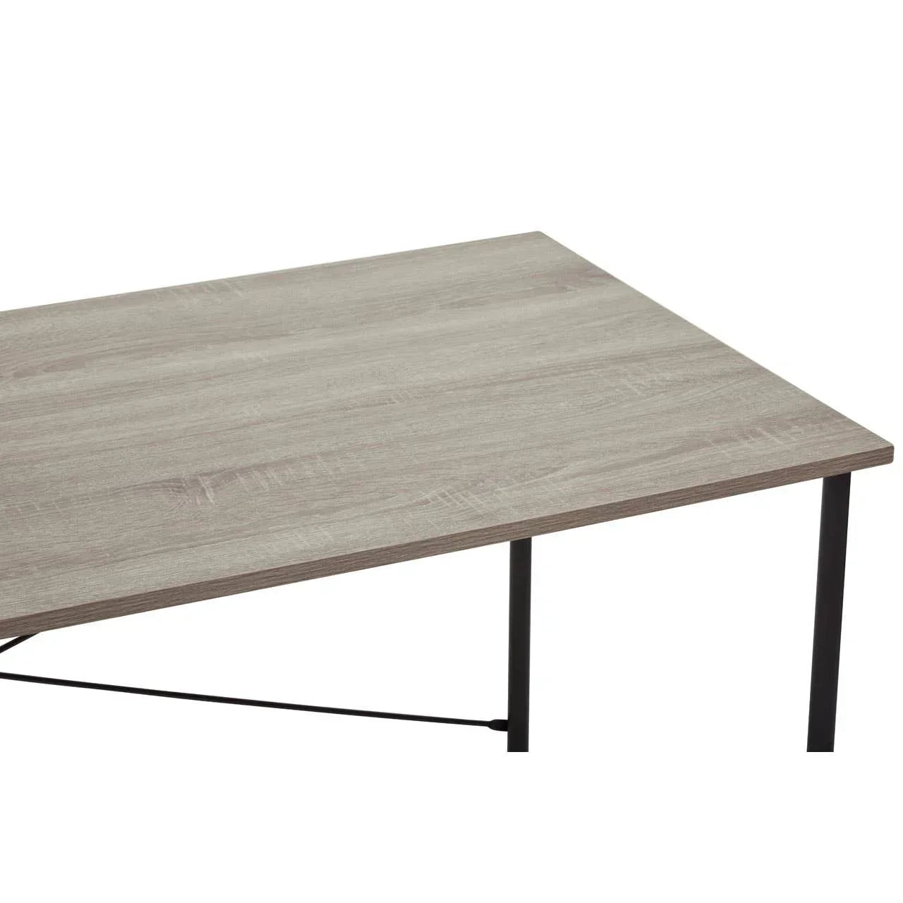 Rectangular wood effect dining table top with black metal legs, close-up corner view