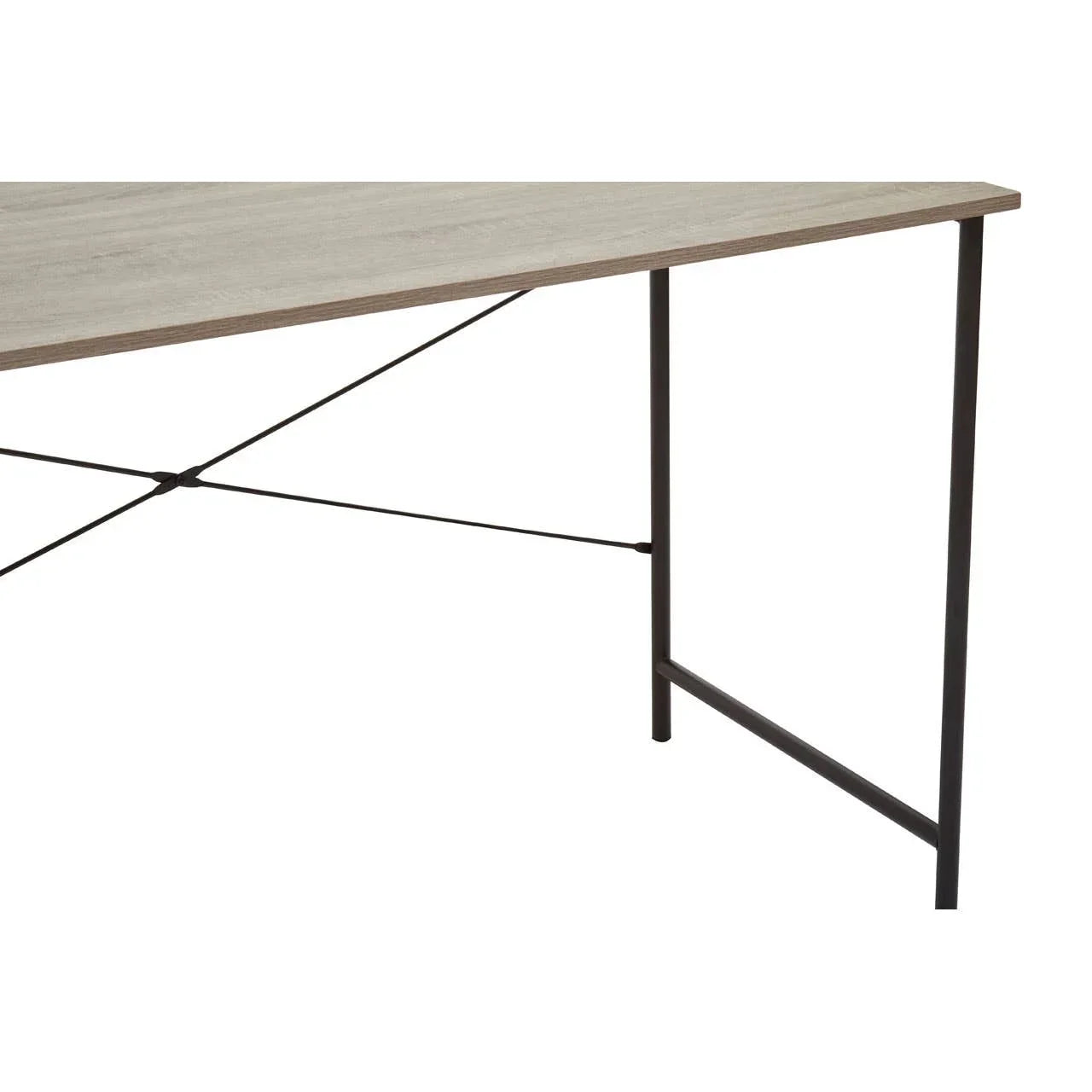 Light wood dining table with metal legs and crossbar support, close detail of table corner