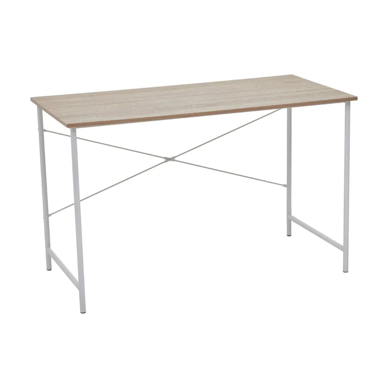 Light wood desk with white metal frame and crossbar supports, home office furniture