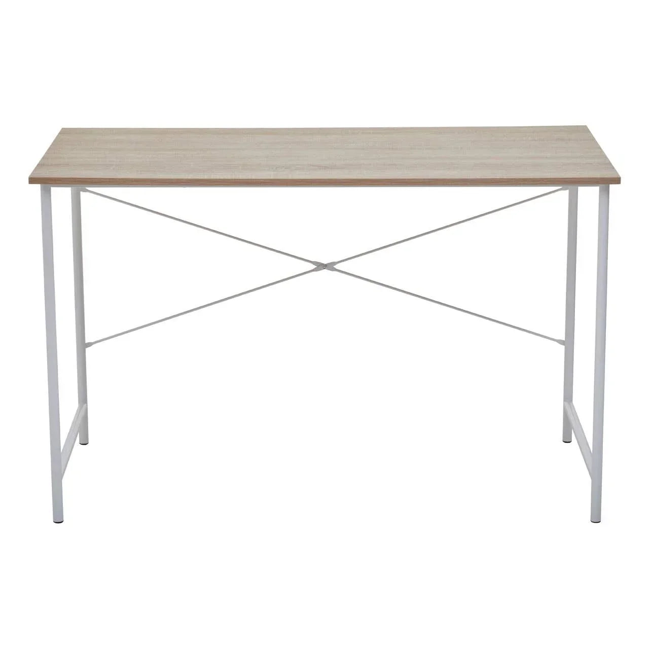 Modern desk with light wood top and white metal frame, front view