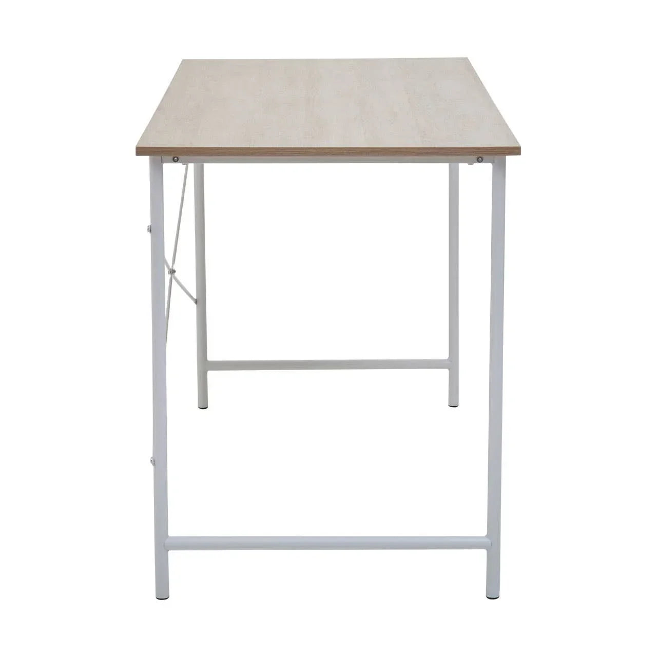 Rectangular dining table with light wood top and white metal legs, front view
