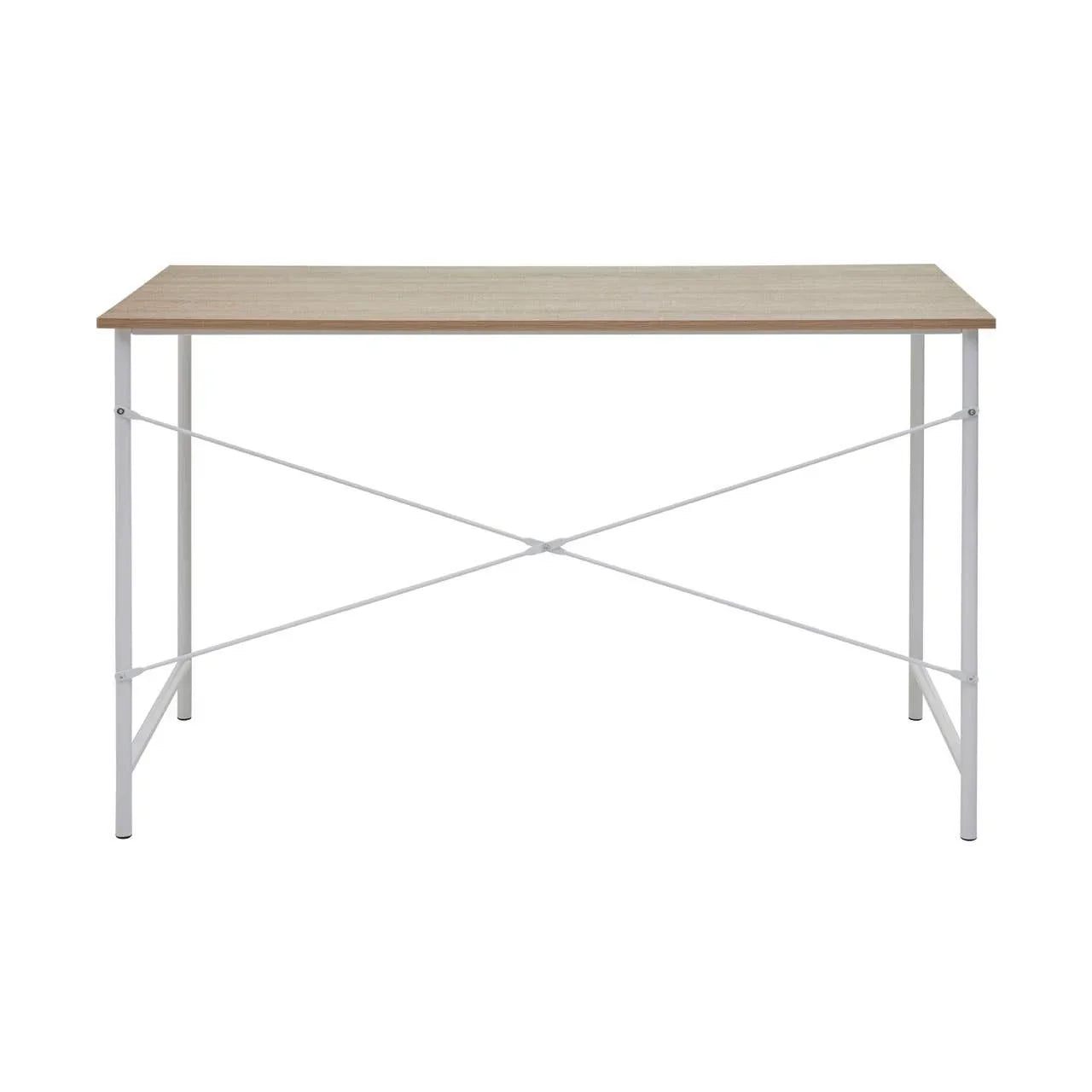Modern desk with light wood top and white metal frame, crossbar support detail visible