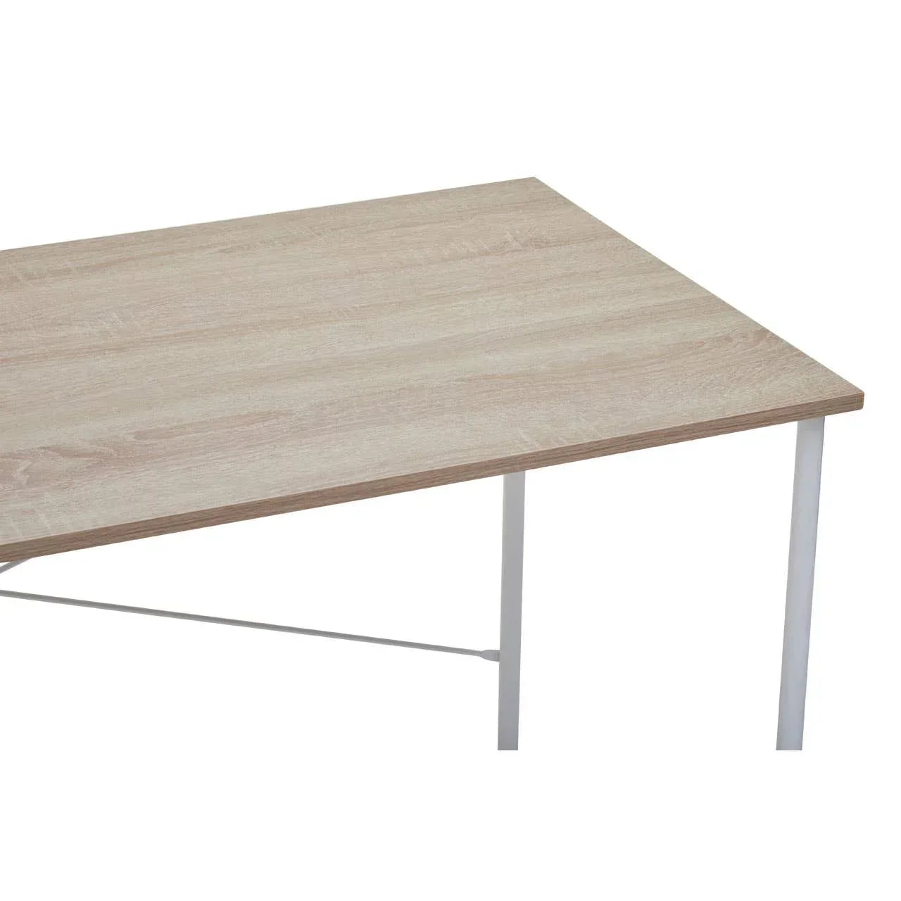 Rectangular wood effect dining table with white metal legs, corner detail view