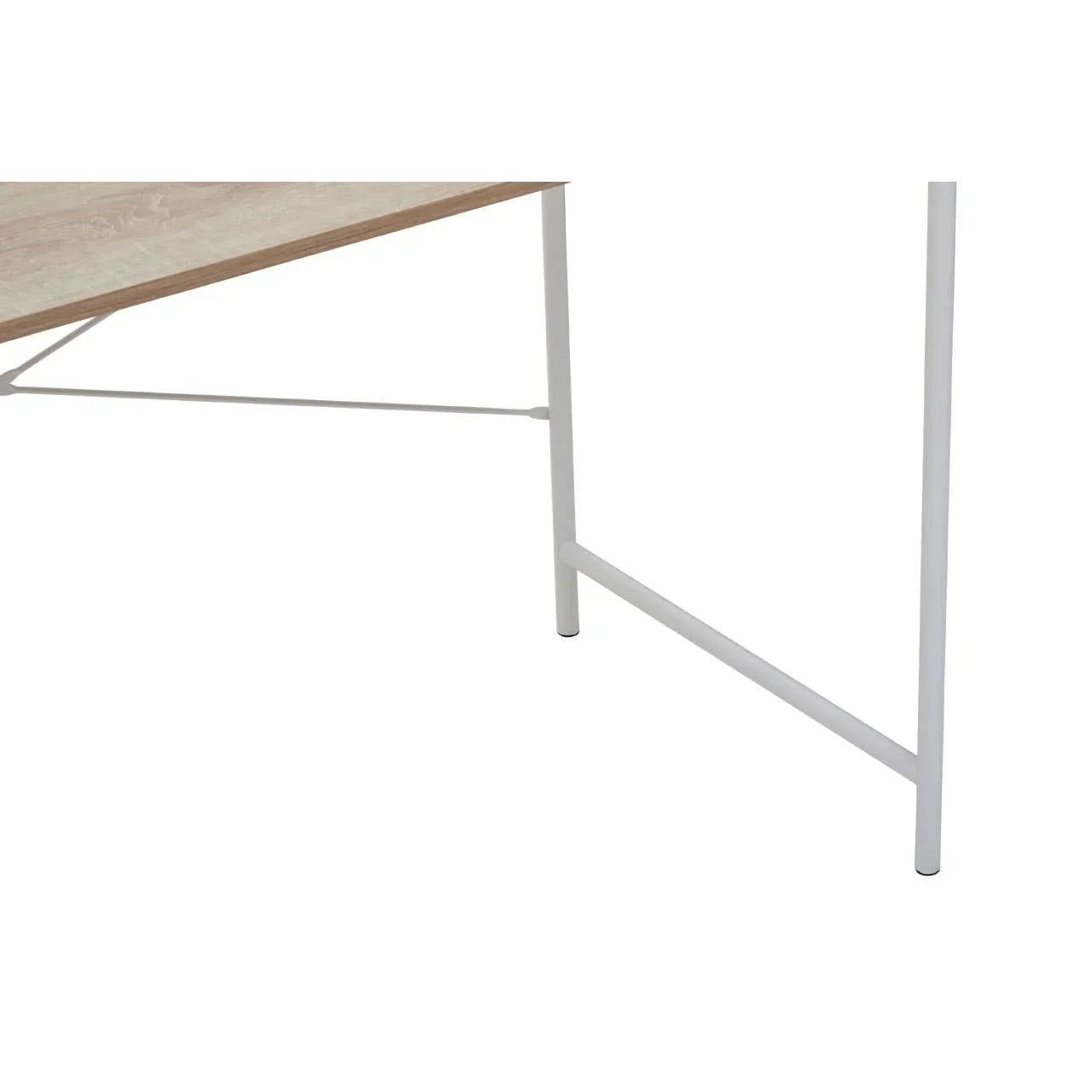 wooden desk with white metal frame and angled legs, closeup of corner and support bar