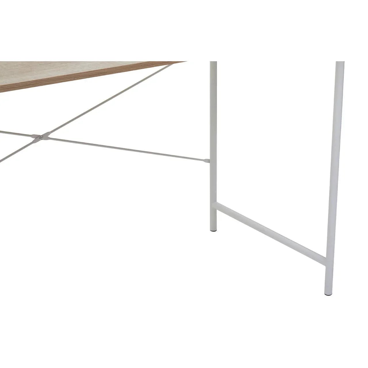 Closeup of wooden table with white metal frame and crossed support bars