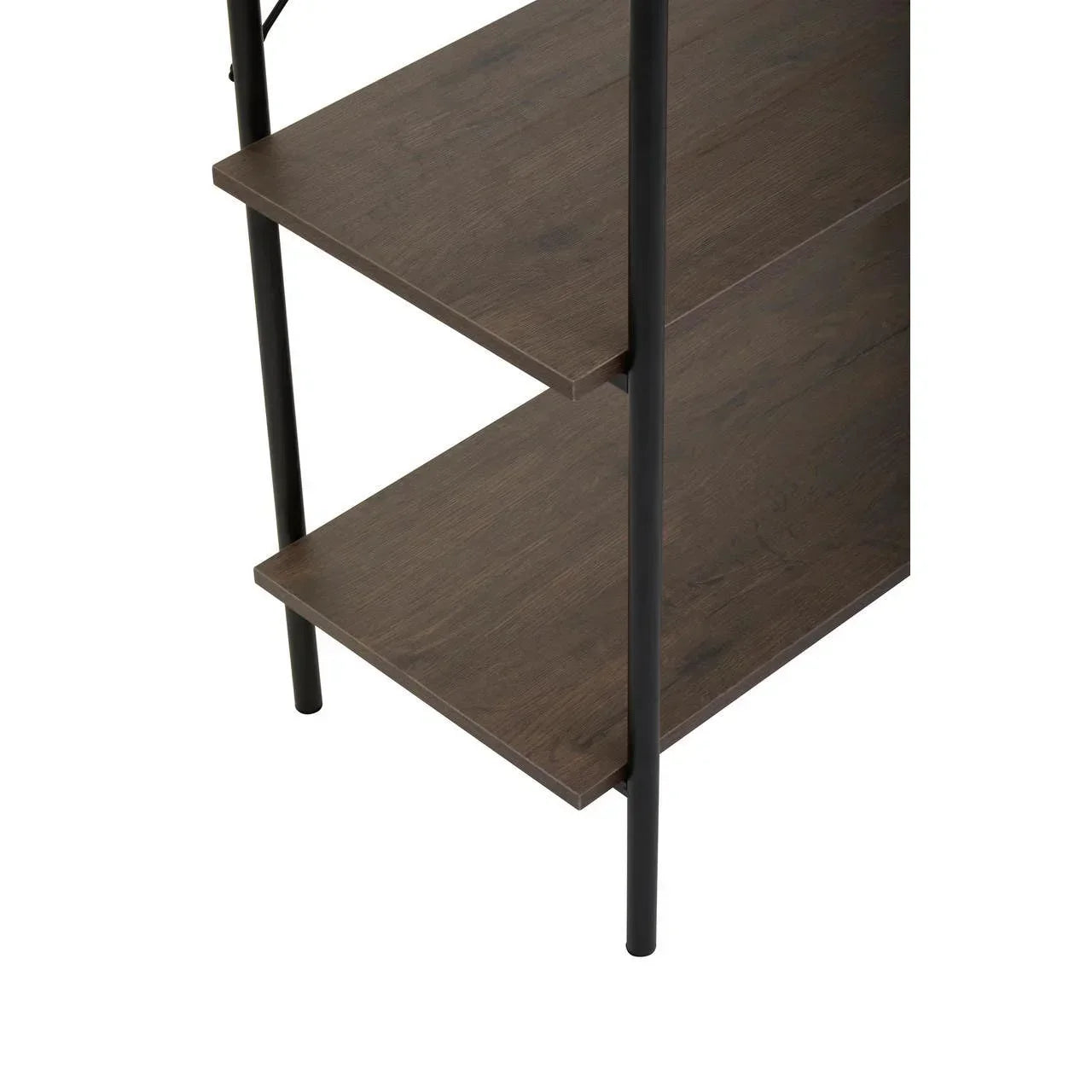 Closeup of wooden shelving unit with black metal frame and dark brown shelves