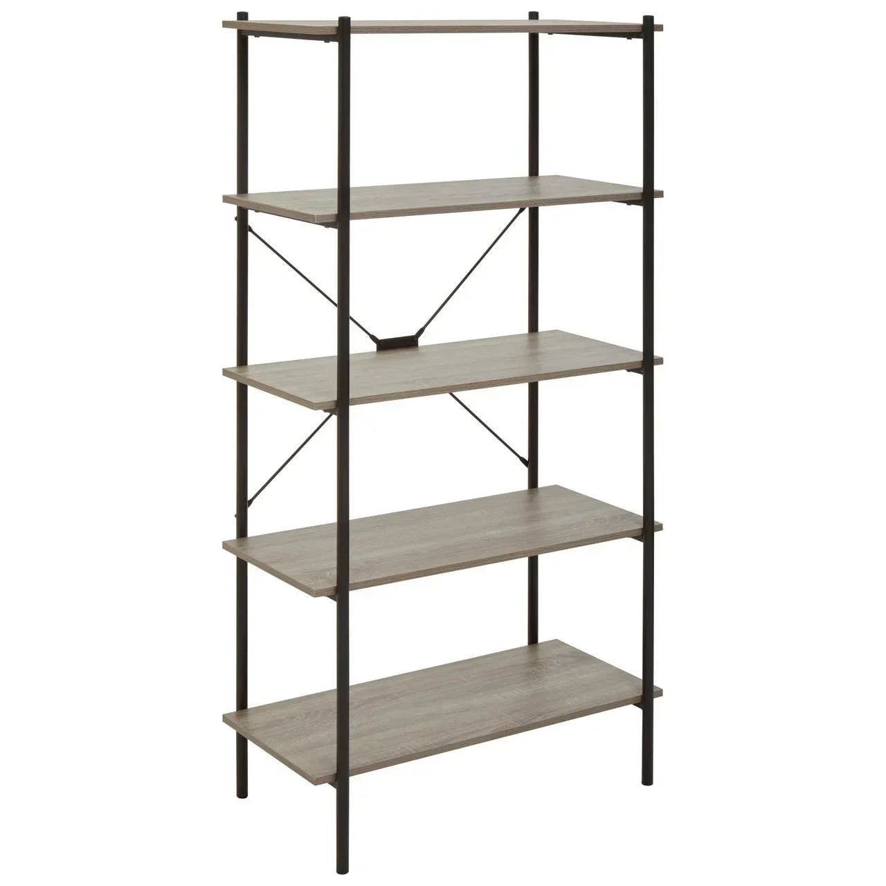 Five tier wooden shelving unit with black metal frame and open back design