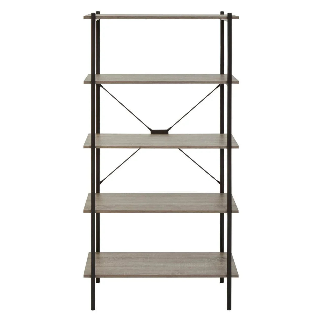 Industrial style bookcase with four wood shelves and black metal frame, front view