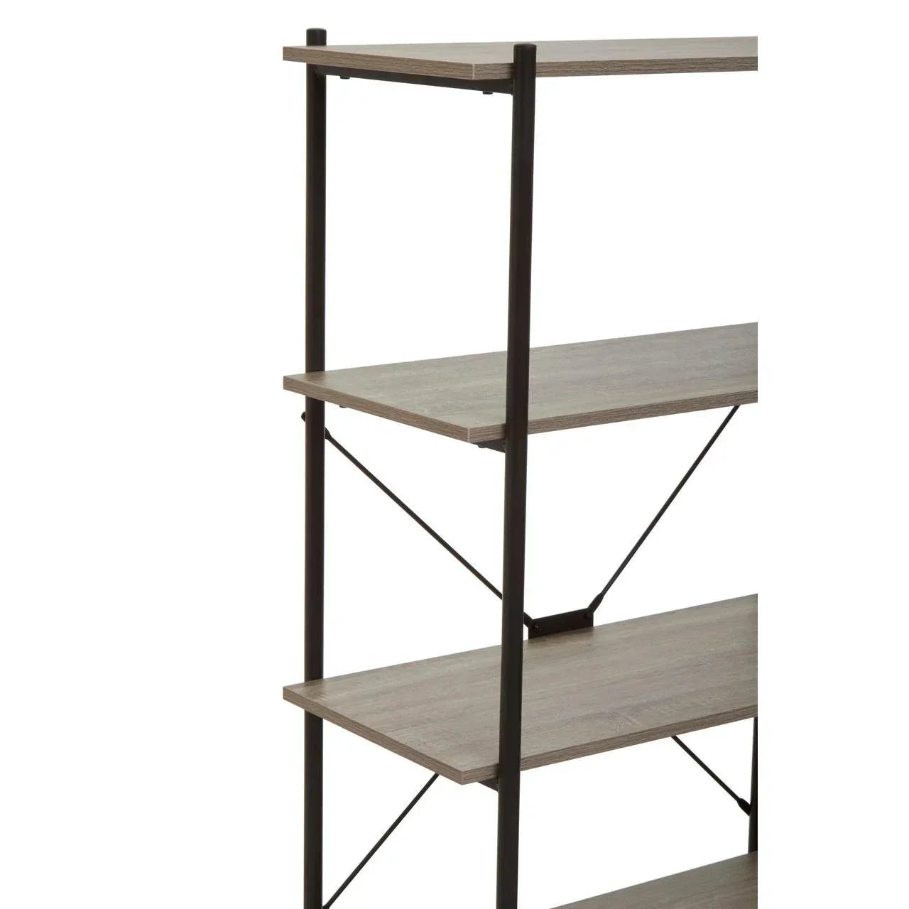 Wood and metal shelving unit with three open shelves and black frame, side angle view