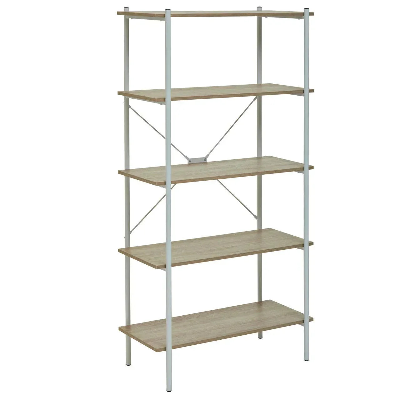 Tall shelving unit with four oak shelves and white metal frame, angled side view