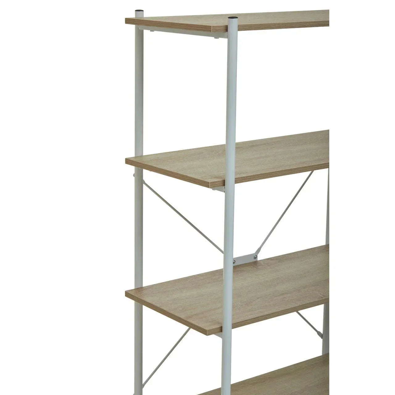 wooden shelving unit with white metal frame and open sides, angled close-up view