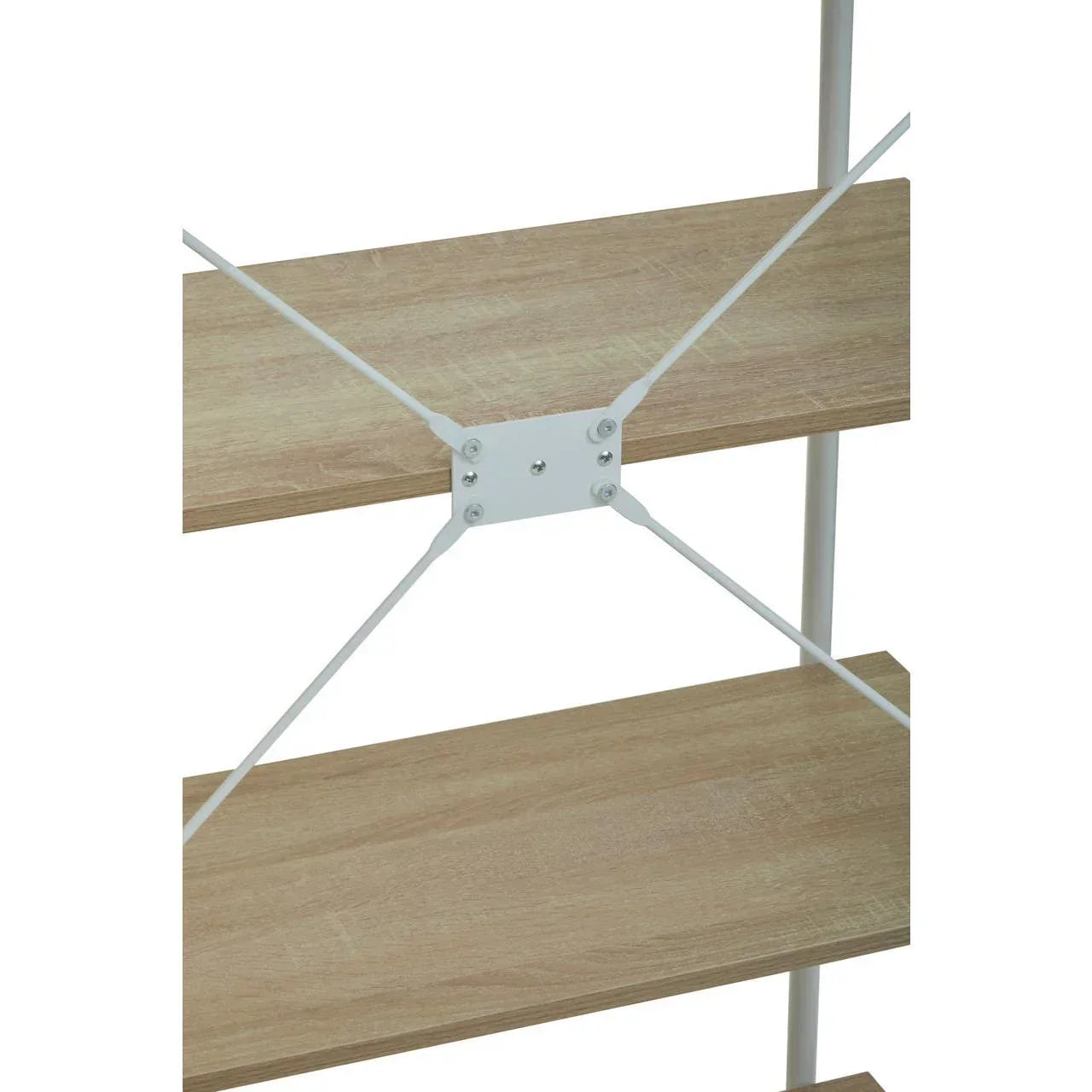 Closeup of wooden shelving unit with metal cross-brace for support and stability