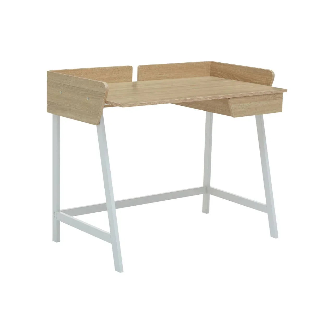 Oak effect writing desk with white metal legs and raised back edge