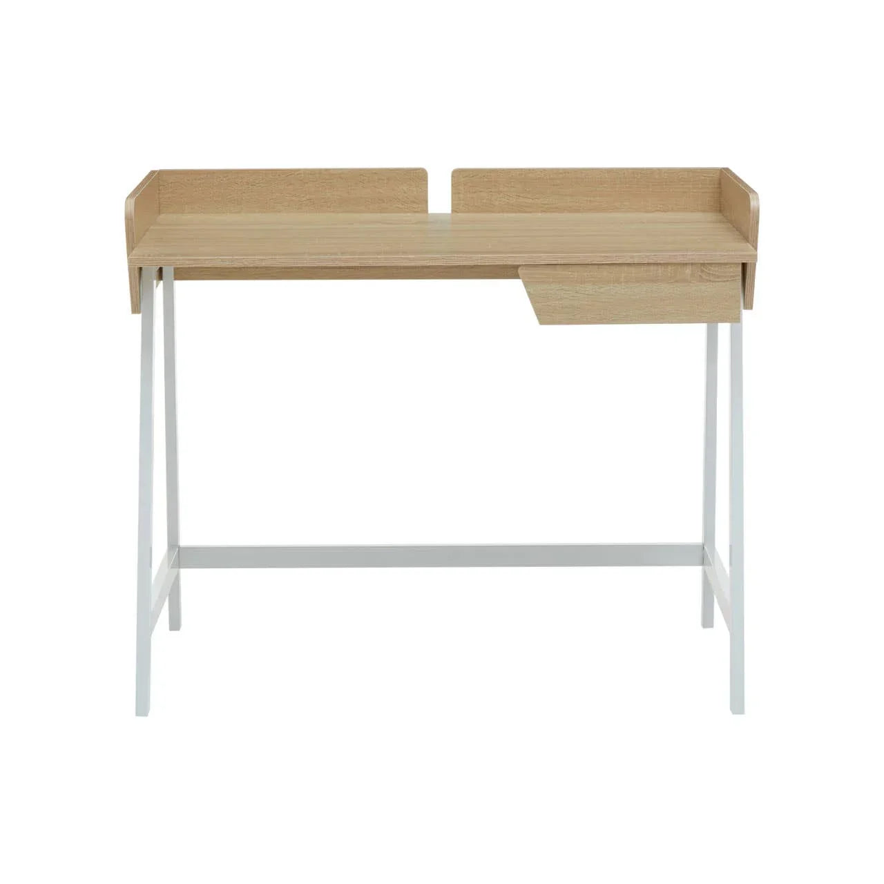 Light wood desk with raised edges and white metal legs, modern home office furniture