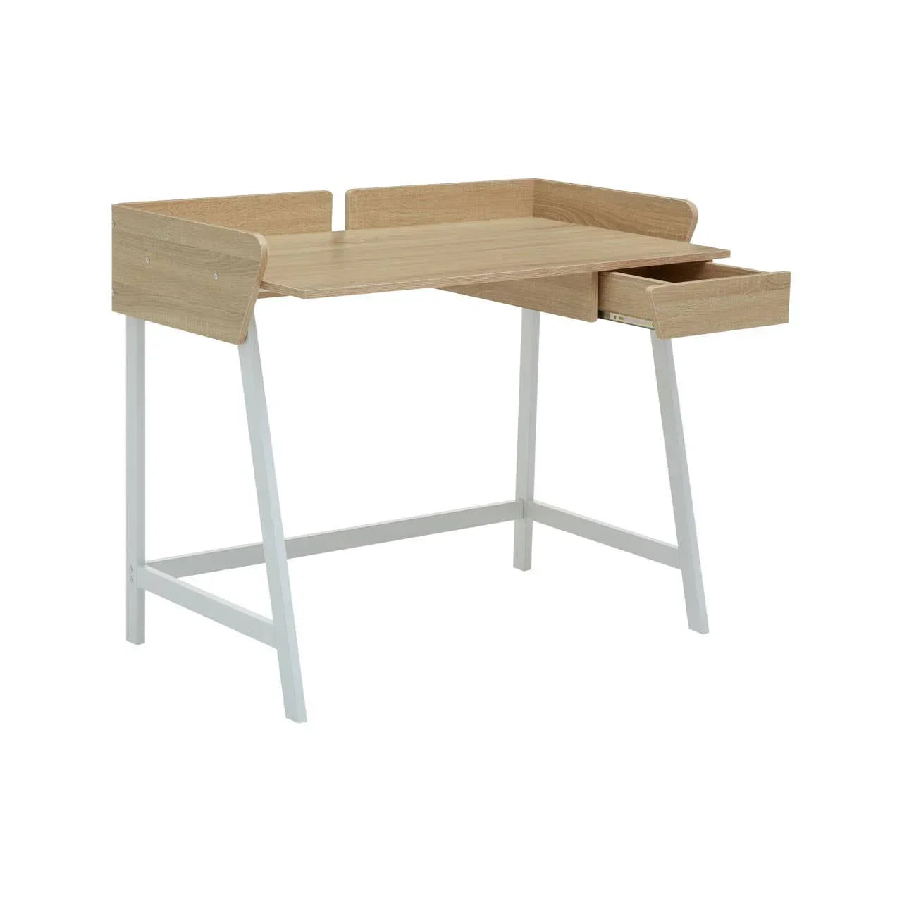 Oak effect wooden desk with white legs and open storage drawer