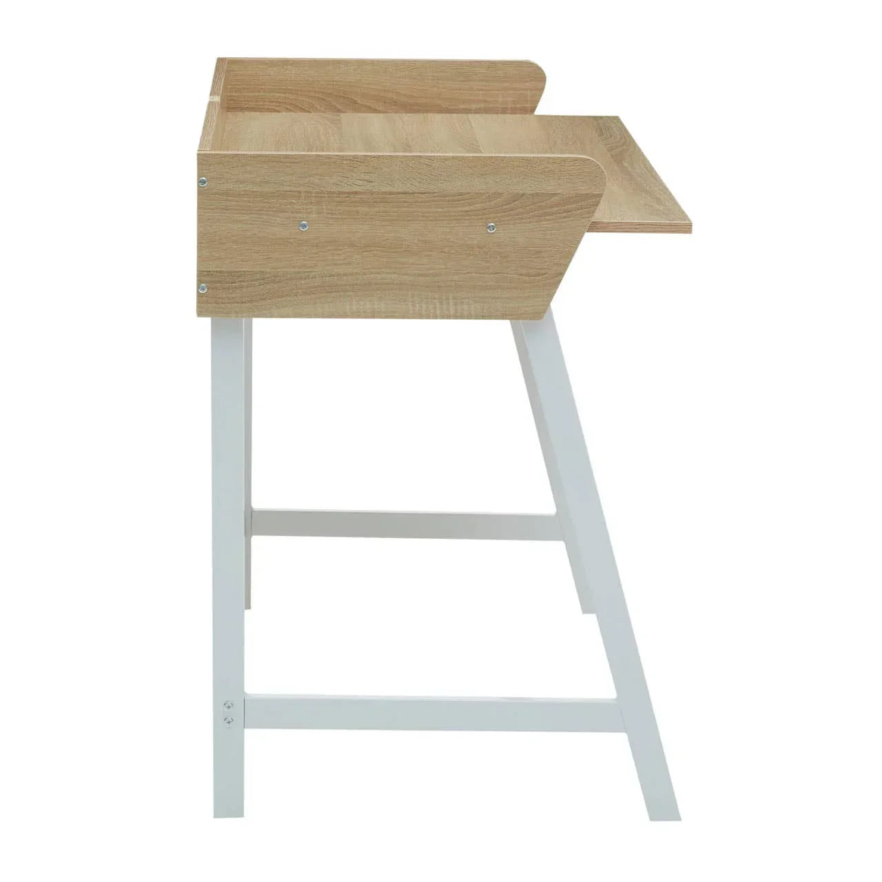 Side view of modern wooden desk with natural finish and white metal legs