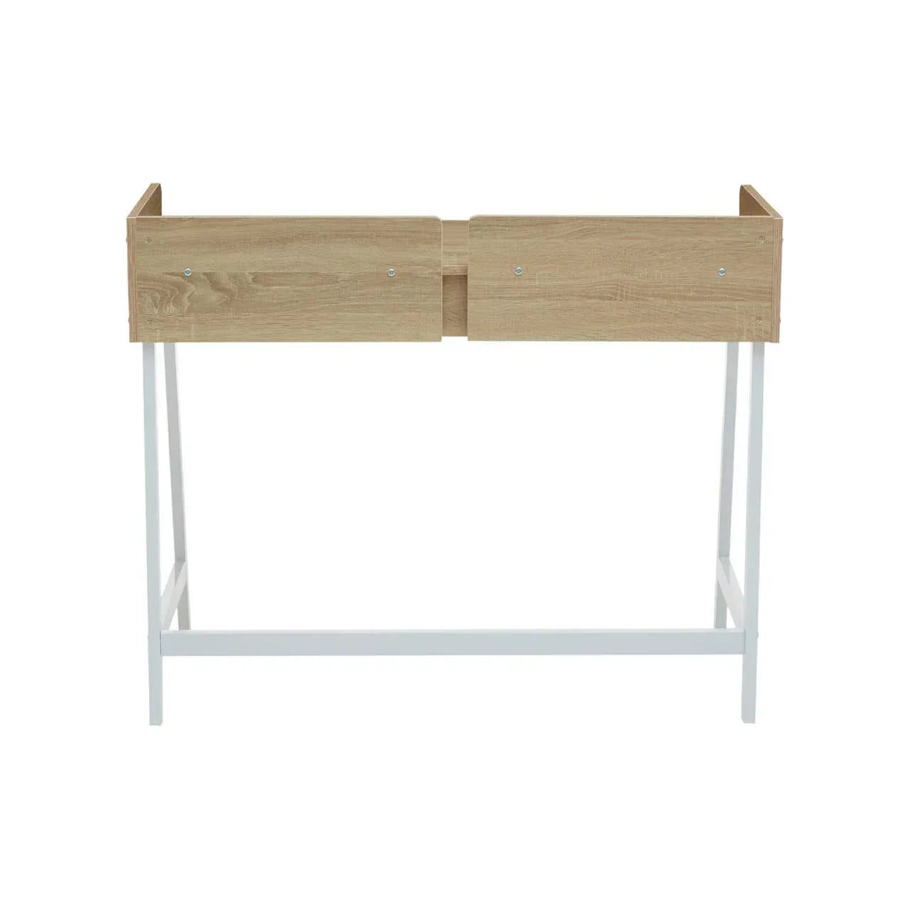Light wood console table with white metal legs, front view