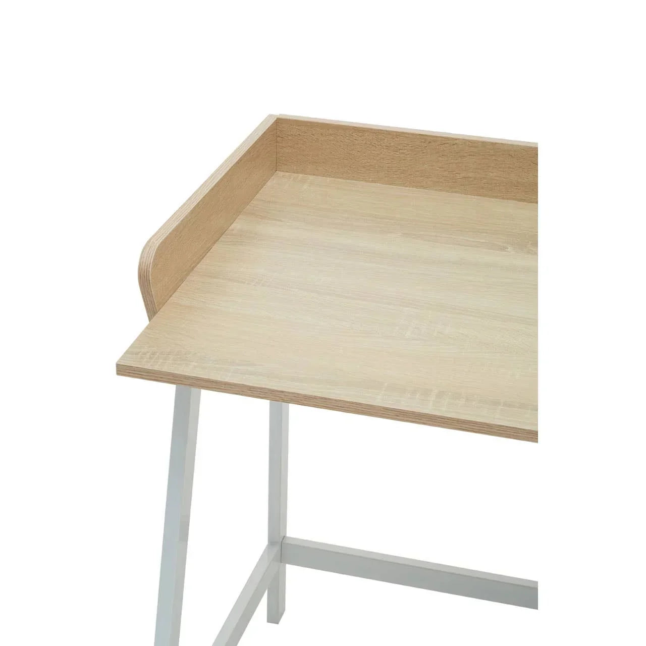 Light oak writing desk with white metal legs, close-up of corner and raised back panel
