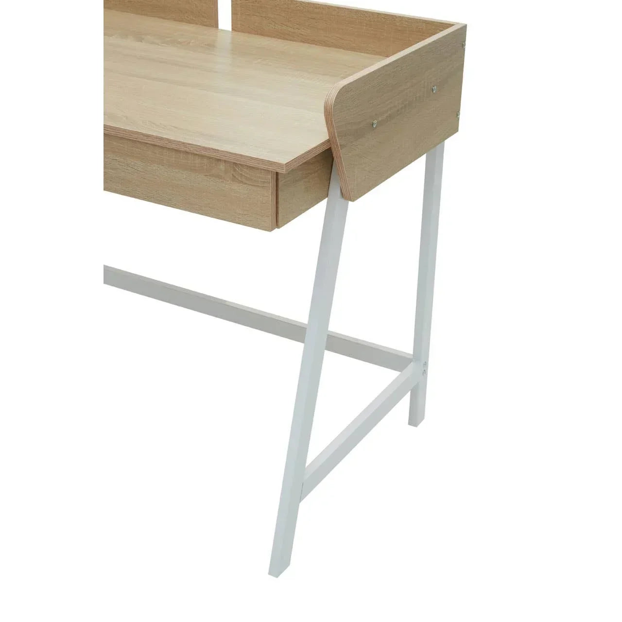 Wood effect desk with white metal legs and raised back panel, corner angle view