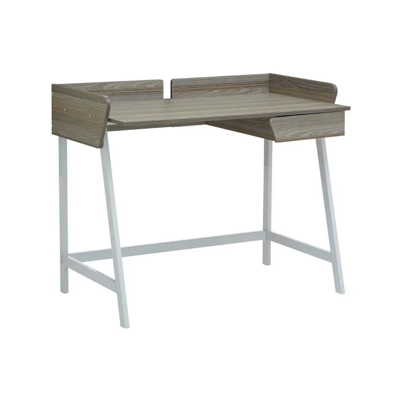 Wooden desk with light oak finish, metal legs, side drawer, and raised back edge
