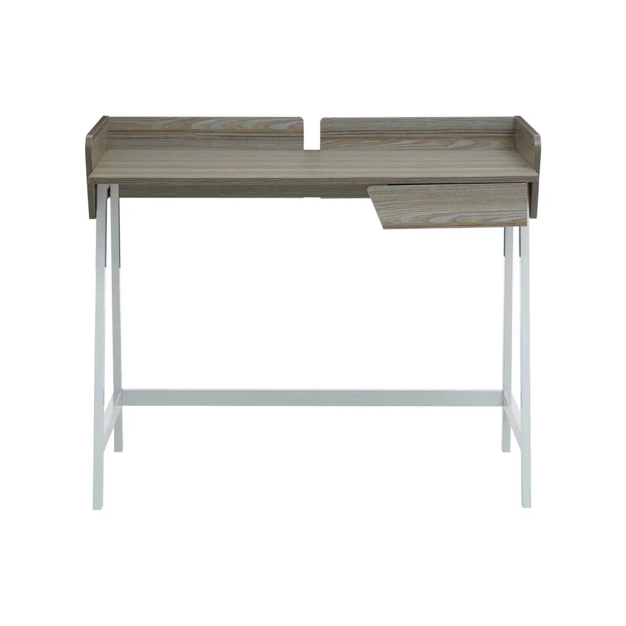 Wooden desk with metal legs and a raised back panel, single drawer on right side